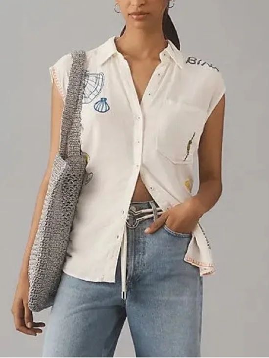 Anthropologie White Embroidered Sleeveless Button-Up Top 38258 - Picture 5 of 15